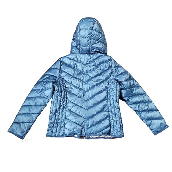 NWT Kenneth Cole Blue Gray Bib Front Zip Hooded Puffer Jacket Petrol L - Picture 6 of 16